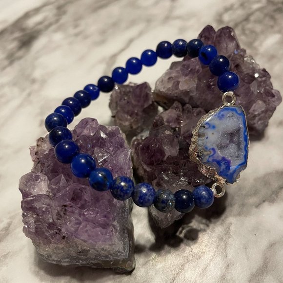 Handmade Druzy Agate Slice Stretch Bracelet Blue Dyed Agate Lapis Lazuli Beads - Picture 3 of 5